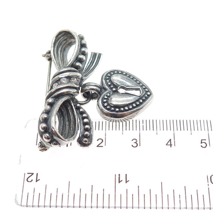925 Sterling Silver Vintage C Z Ribbon Bow Heart Lock Oxidized Pin Brooch