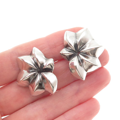 925 Sterling Silver Vintage Modernist Floral Oxidized Omega Back Earrings
