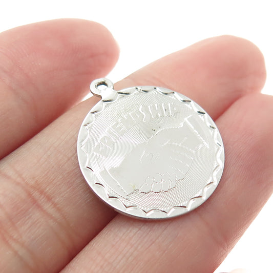 925 Sterling Silver Vintage "Friendship" Handshake Round Pendant