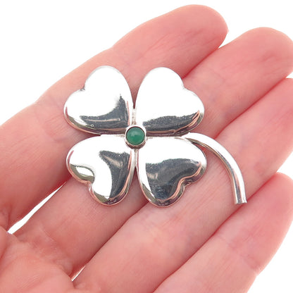 925 Sterling Silver Vintage Real Green Onyx Clover Good Luck Pin Brooch
