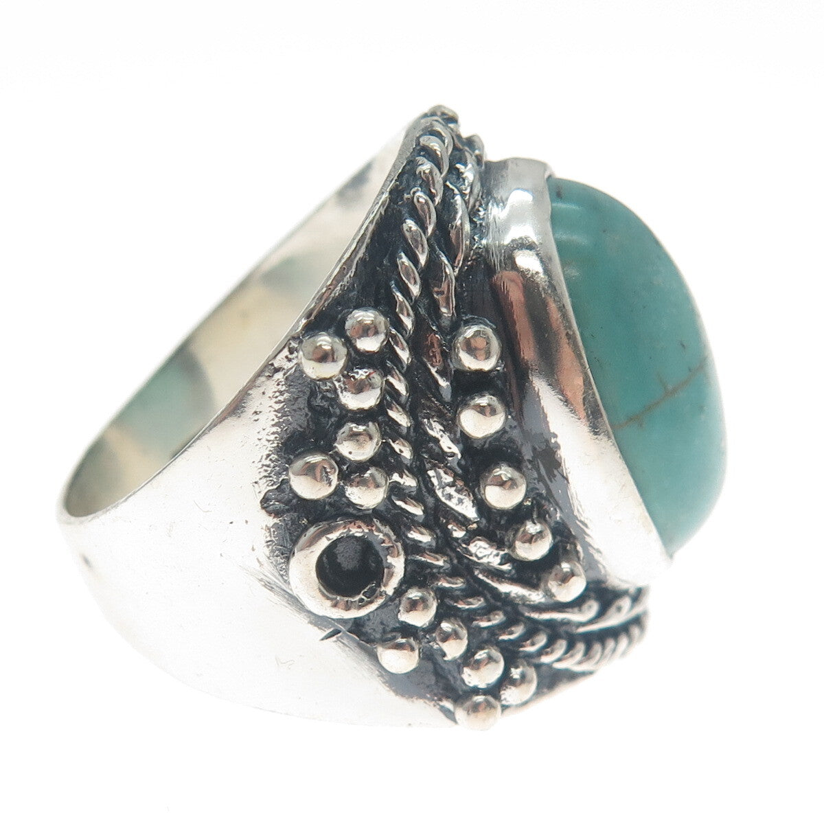 925 Sterling Silver Vintage Real Lone Mountain Turquoise Beaded Ring Size 9.5