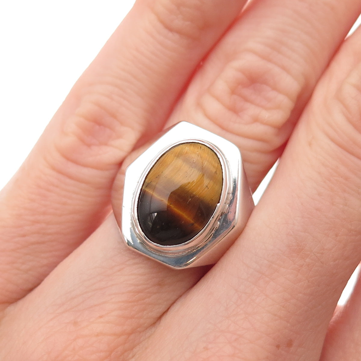 925 Sterling Silver Vintage Mexico Real Tiger Eye Modernist Ring Size 6