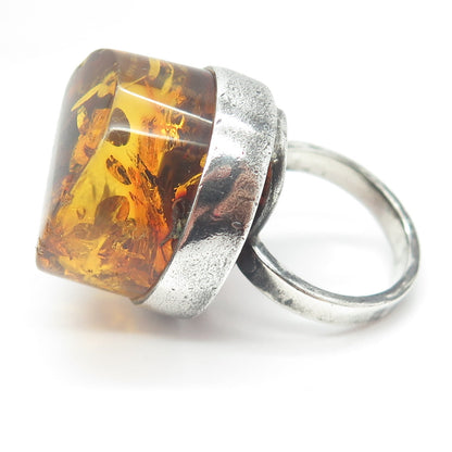 925 Sterling Silver Vintage Real Amber Modernist Ring Size 6.75