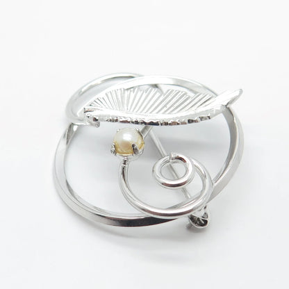 925 Sterling Silver Vintage DIXELL Real Pearl Leaf Pin Brooch
