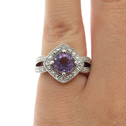 925 Sterling Silver Vintage Real Diamond Accent & Amethyst Ring Size 5