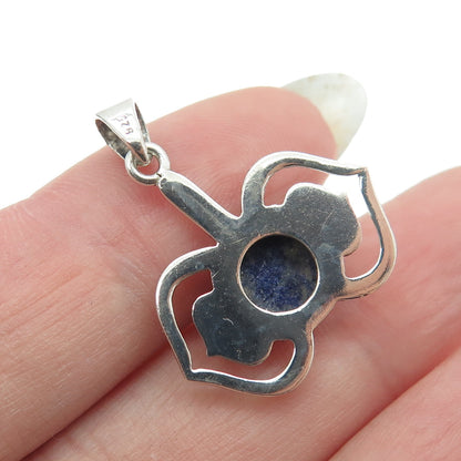 925 Sterling Silver Vintage Real Lapis Lazuli Modernist Floral Pendant