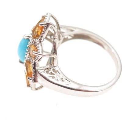 Chuck Clemency 925 Sterling Silver Real Turquoise & Citrine Floral Ring Size 8