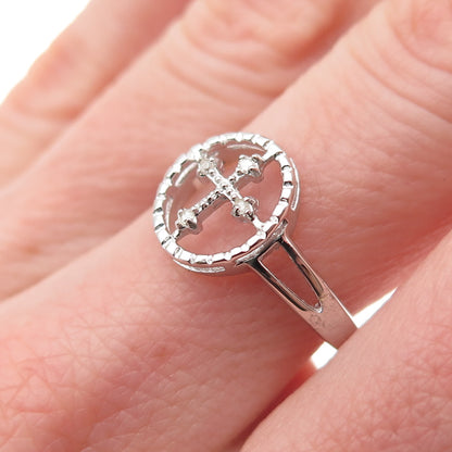 925 Sterling Silver Real Round-Cut Diamond Cross Ring Size 7