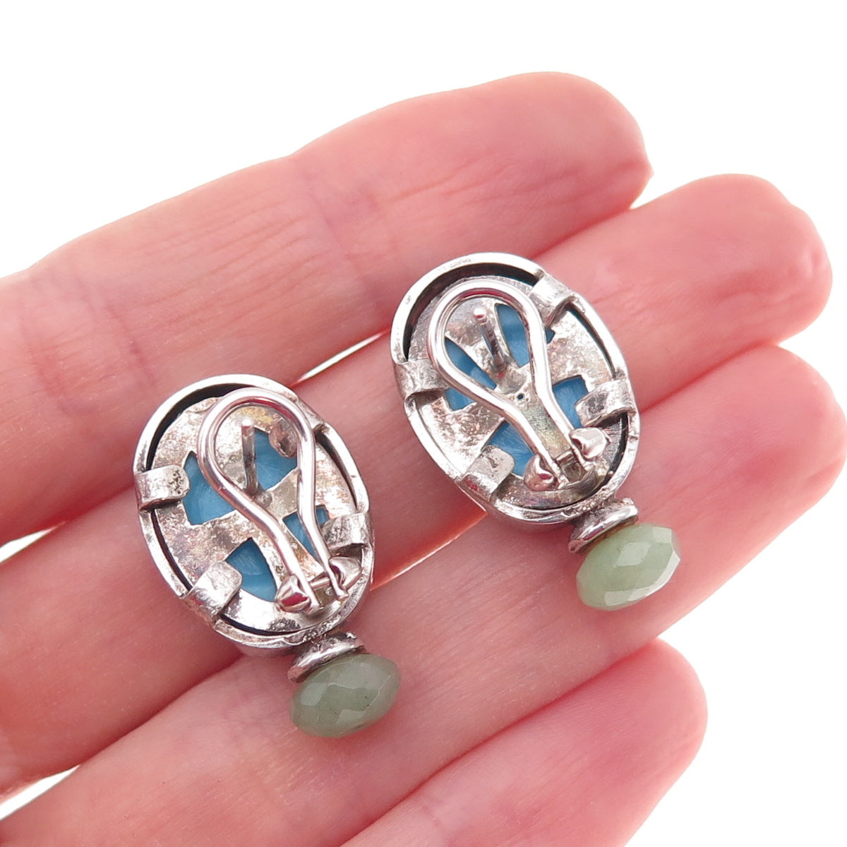 925 Sterling Silver Vintage Real Turquoise Aventurine Floral Omega Back Earrings
