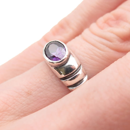 925 Sterling Silver Vintage Real Amethyst Modernist Oxidized Ring Size 4.75
