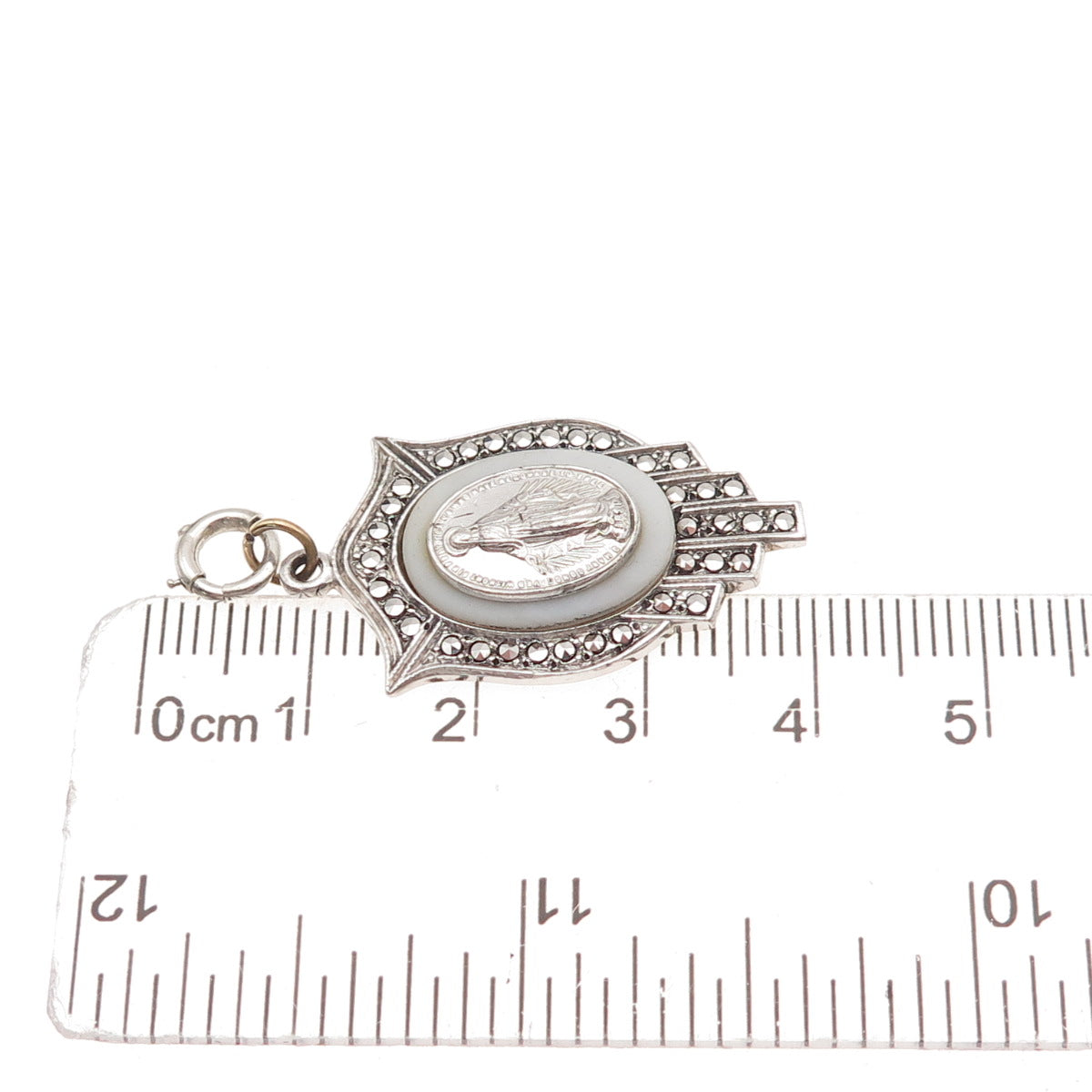 925 Sterling Antique Art Deco Real MOP & Marcasite St. Mary Spring Ring Pendant