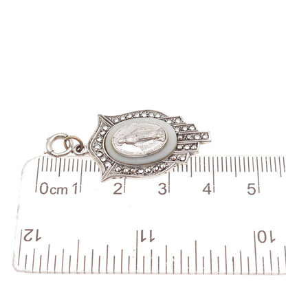 925 Sterling Antique Art Deco Real MOP & Marcasite St. Mary Spring Ring Pendant