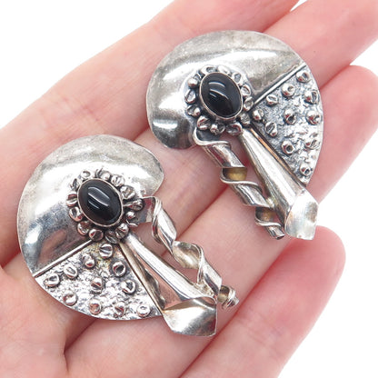 925 Sterling Silver Vintage Real Black Onyx Gemstone Modernist Oxidized Earrings
