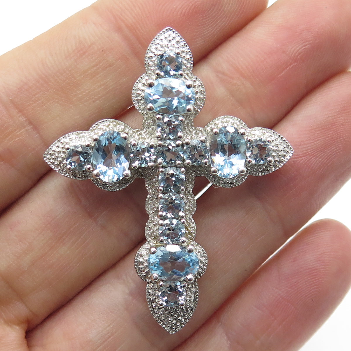 925 Sterling Silver Real Blue Topaz Gemstone Cross Slide Pendant