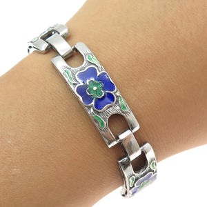 925 Sterling Silver Vintage Enamel Floral Panel Link Oxidized Bracelet 7.5"