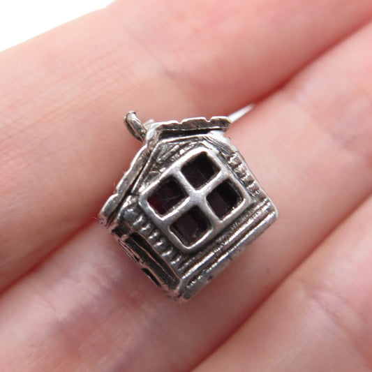 925 Sterling Silver Vintage Old House Oxidized Minimalist 3D Charm Pendant