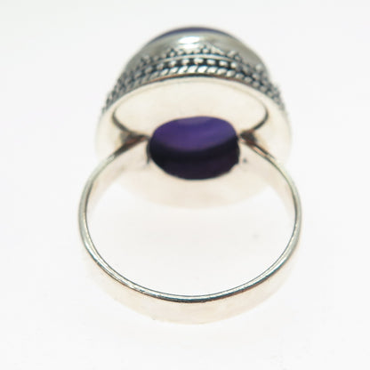 925 Sterling Silver Vintage Real Amethyst Granulated Ring Size 7.75
