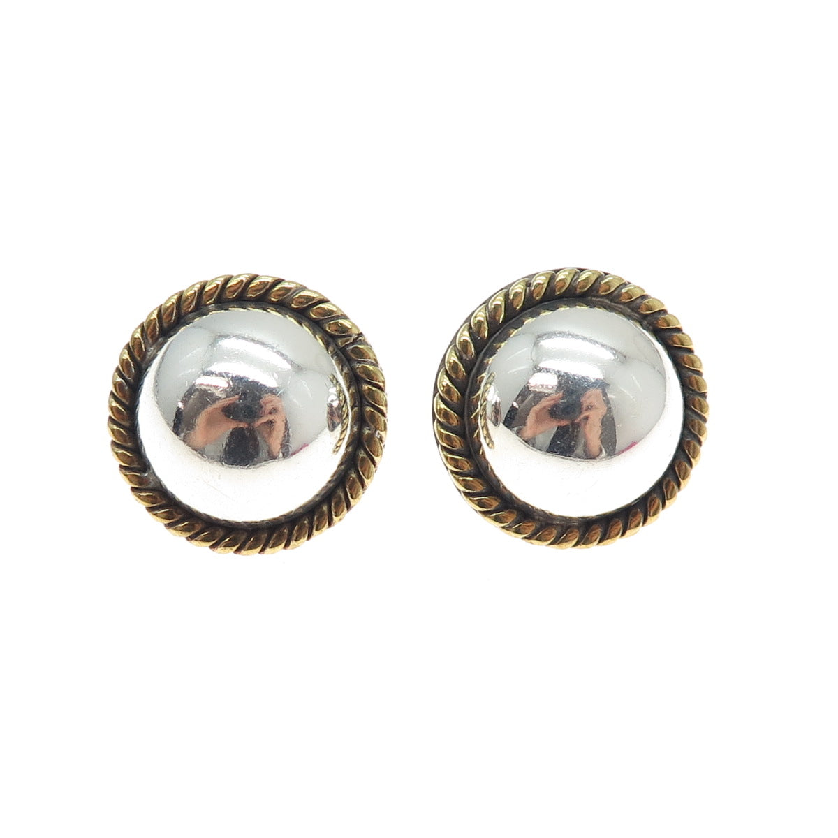 LATON 925 Sterling Silver 2-Tone Vintage Mexico Modernist Roped Dome Earrings