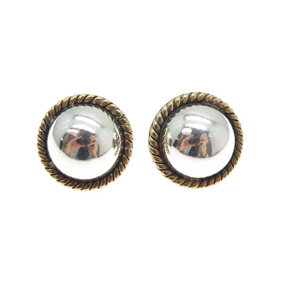 LATON 925 Sterling Silver 2-Tone Vintage Mexico Modernist Roped Dome Earrings