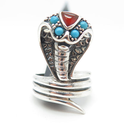 925 Sterling Silver Vintage Real Carnelian & Turquoise Cobra Snake Ring Size 7