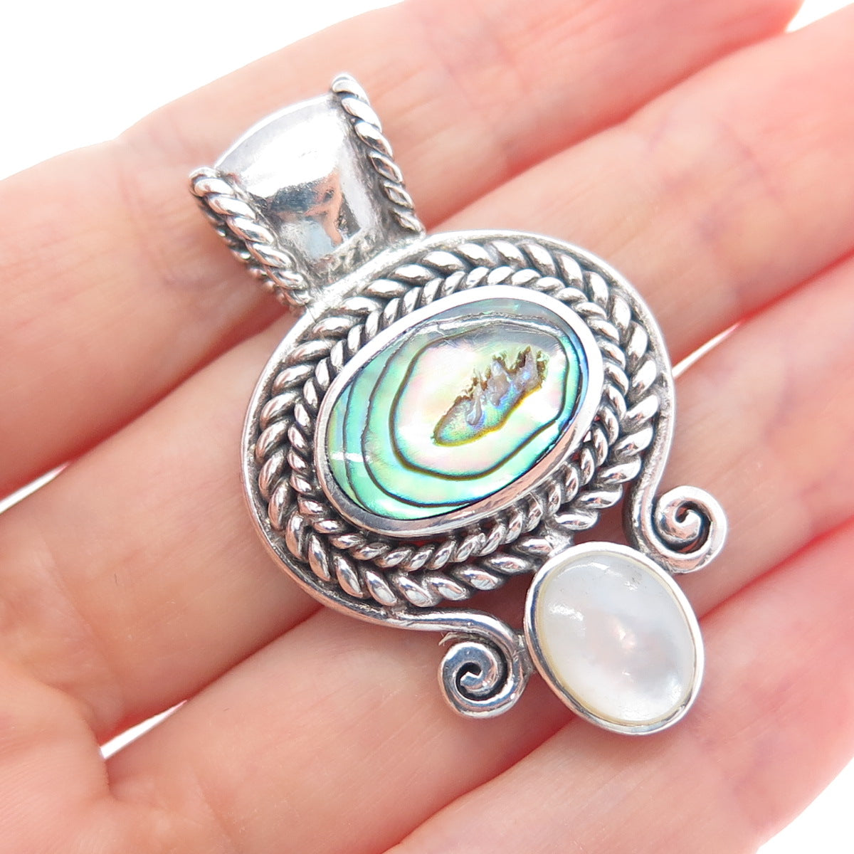 925 Sterling Silver Vintage Real Abalone Shell & MOP Oxidized Pendant
