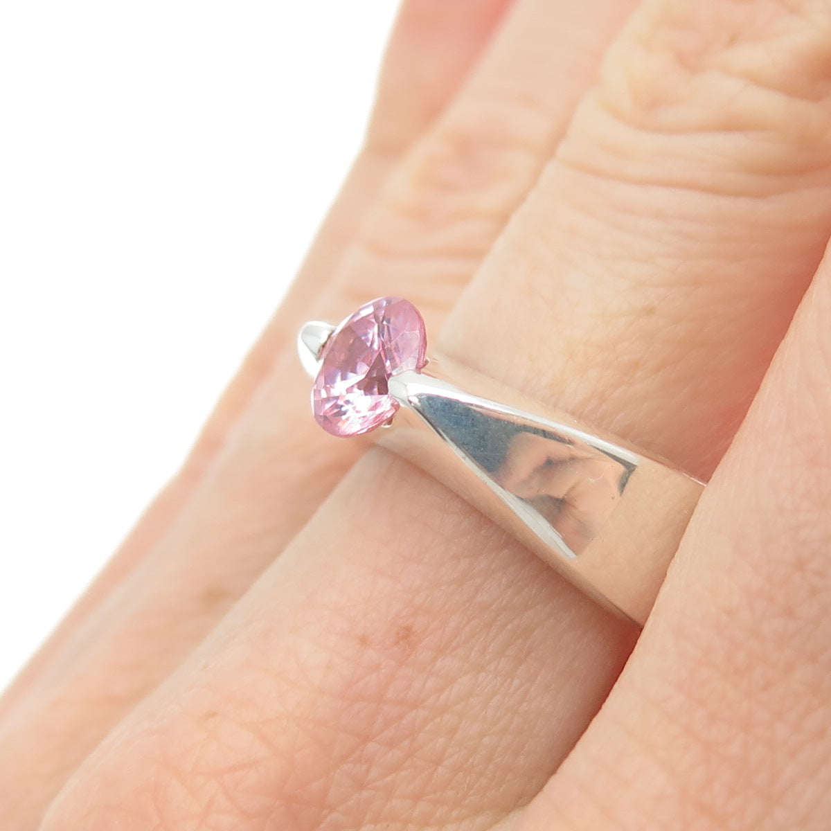 FOSSIL 925 Sterling Silver Vintage Round-Cut Pink C Z Modernist Ring Size 7.5