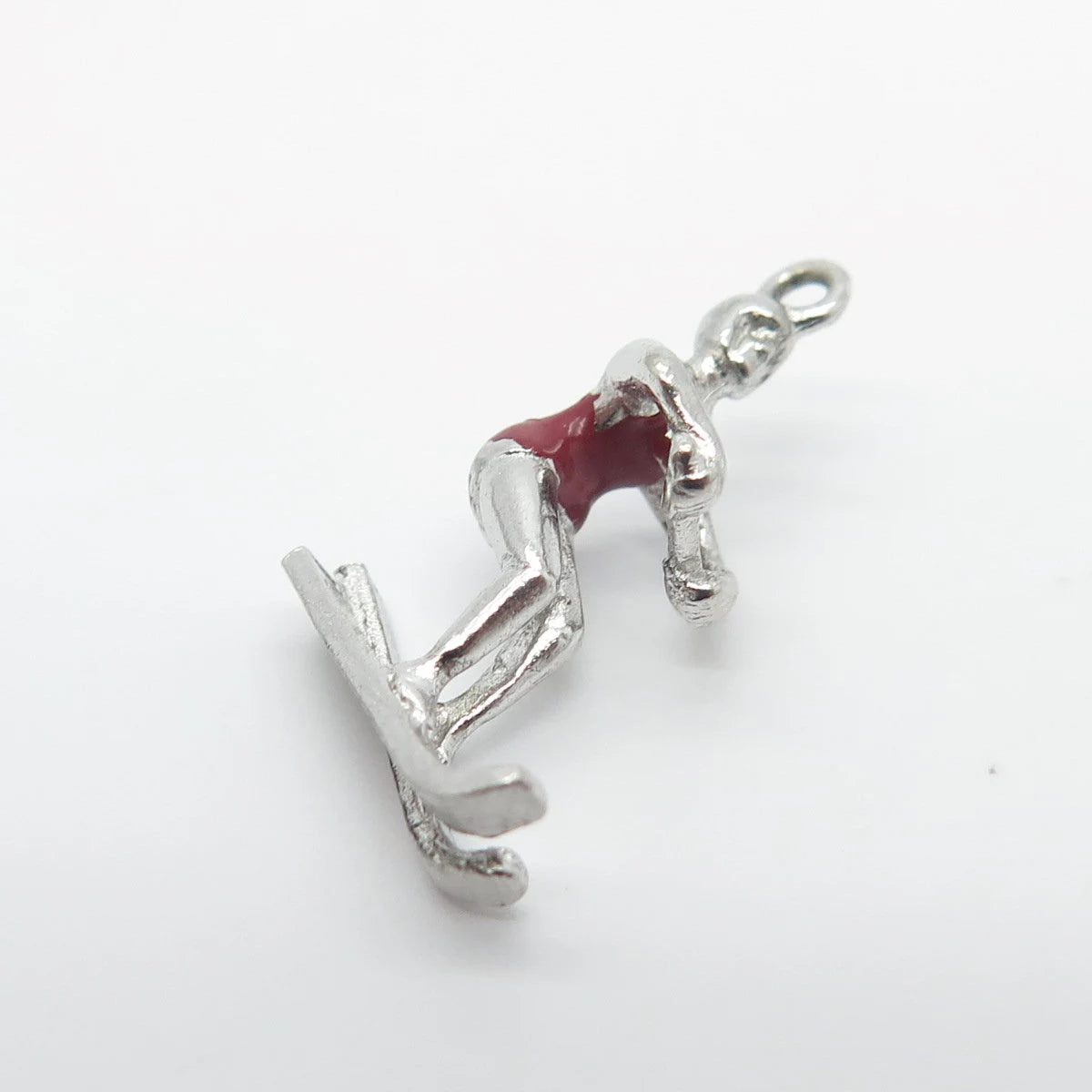 925 Sterling Silver Vintage Red Enamel Water Skiing Charm Pendant