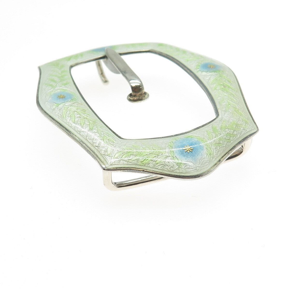 925 Sterling Silver Antique Art Deco Guilloche Enamel Flower Belt Buckle