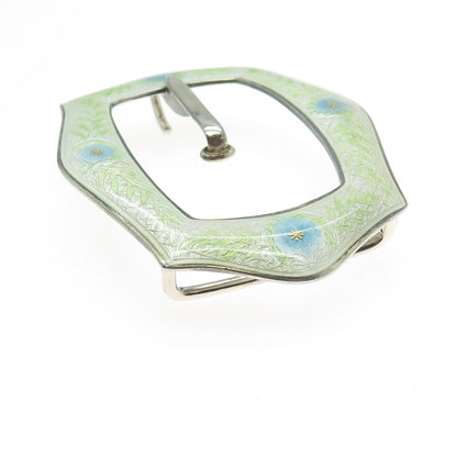 925 Sterling Silver Antique Art Deco Guilloche Enamel Flower Belt Buckle