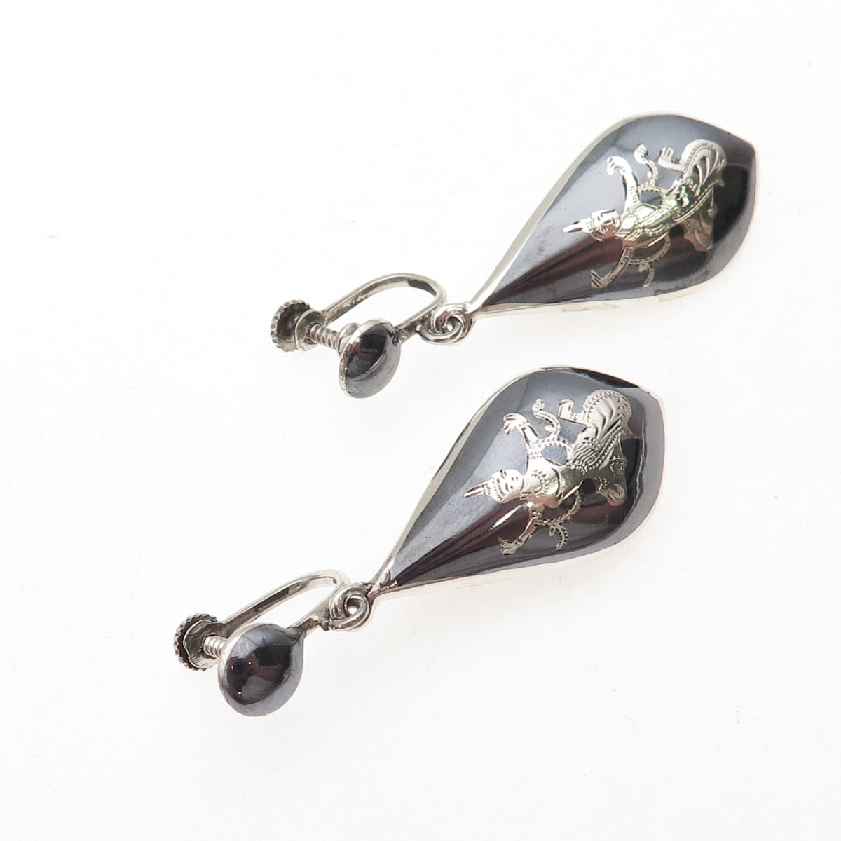 925 Sterling Antique Art Deco Siam Niello Hindu Goddess Screw Back Earrings