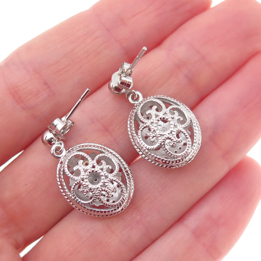 Han 925 Sterling Silver Real Round-Cut Diamond Floral Dangle Earrings