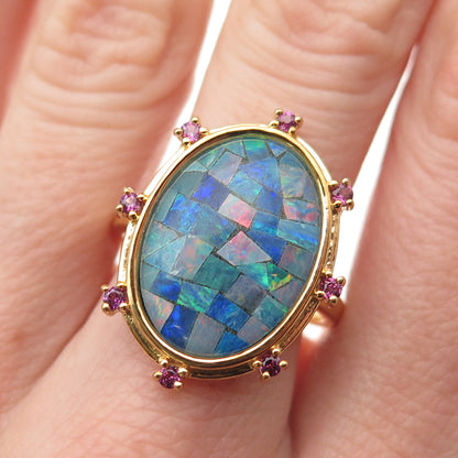 DASAN 925 Sterling Silver Gold Plated Real Opal Inlay & Amethyst Ring Size 9