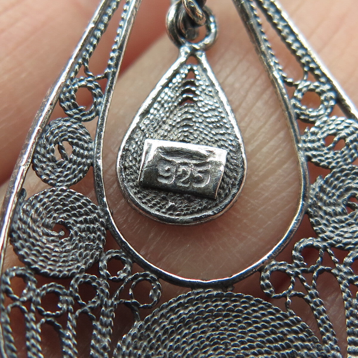 925 Sterling Silver Vintage Filigree Teardrop Shape Oxidized Dangle Pendant