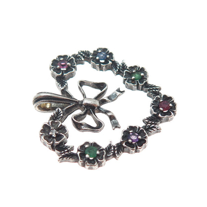 FRANKLIN MINT Sterling Vintage 1982 Diamond Sapphire Emerald Ruby Heart Pendant