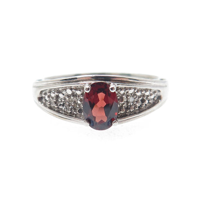 925 Sterling Silver Real Diamond Accent & Red Garnet Ring Size 10