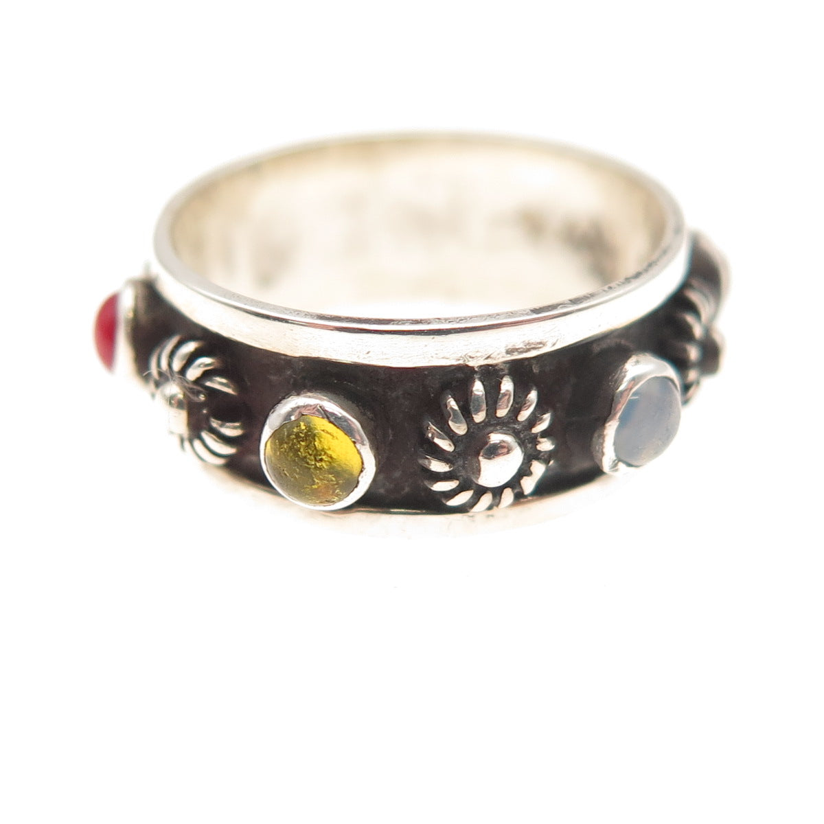 925 Sterling Silver Vintage Mexico Real Multi-Gem Cannetille Band Ring Size 4.5
