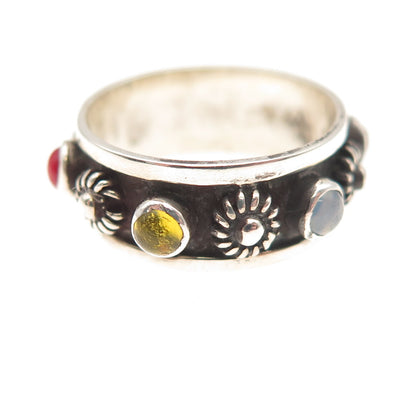 925 Sterling Silver Vintage Mexico Real Multi-Gem Cannetille Band Ring Size 4.5