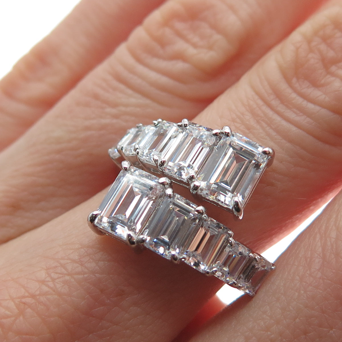 DSMK 925 Sterling Silver Emerald-Cut Shaped C Z Adjustable Ring Size 7.25