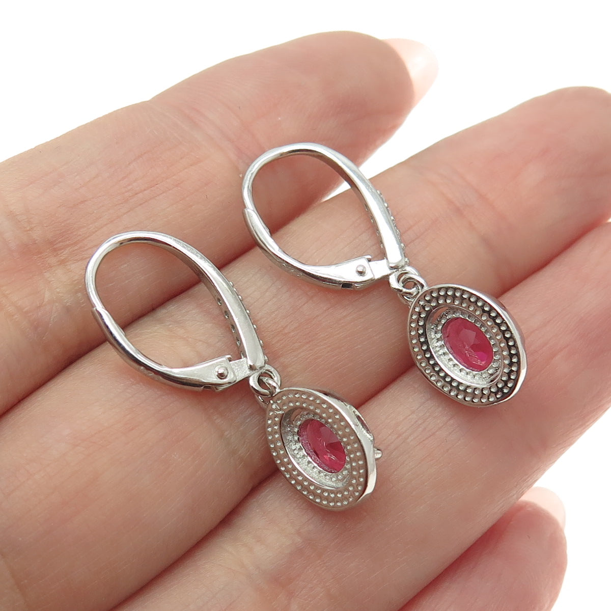 925 Sterling Silver Pink Oval-Cut & White Round-Cut Shaped C Z Dangle Earrings