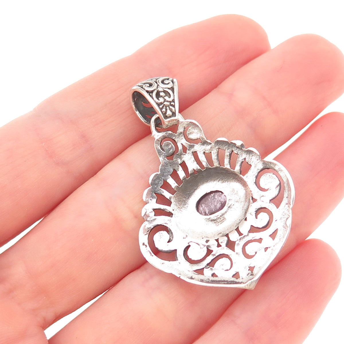 925 Sterling Silver Vintage Real Tanzanite Floral Scroll Oxidized Charm Pendant