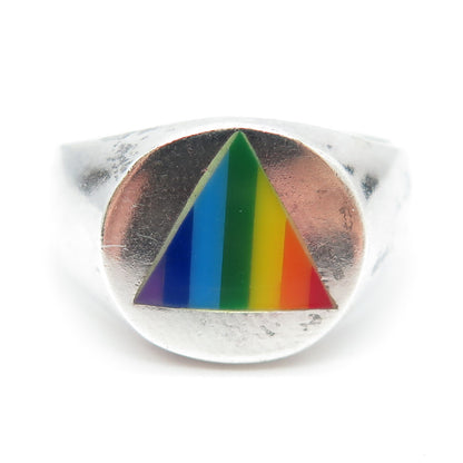 925 Sterling Silver Vintage Rainbow Enamel "Happy Pride" Signet Ring Size 12