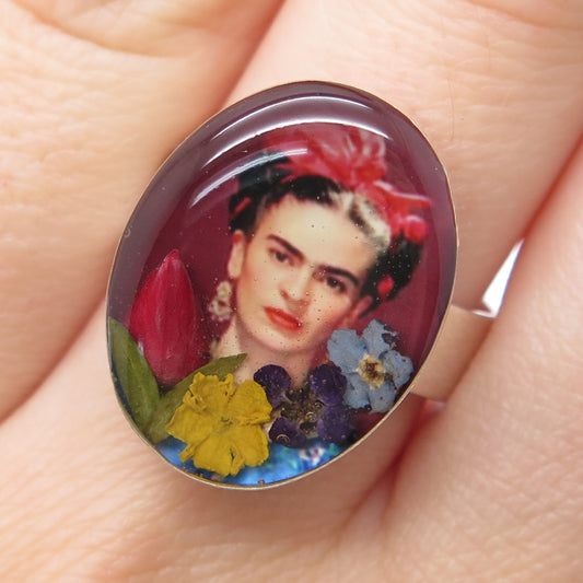 925 Sterling Silver Vintage Pressed Flower Frida Kahlo Portrait Ring Size 9