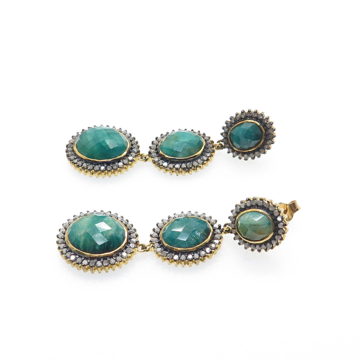 925 Sterling Silver Gold Plated Real Diamond & Emerald Dangle Earrings