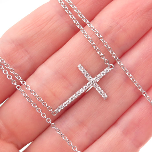 925 Sterling Silver Round-Cut C Z Cross Cable Chain Necklace 16-18"