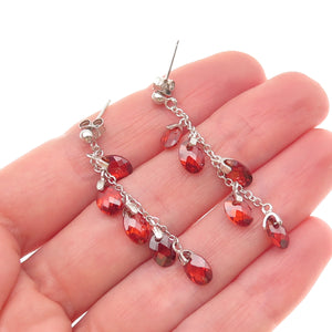 925 Sterling Silver Oval-Cut Red C Z Beads Dangle Chain Earrings
