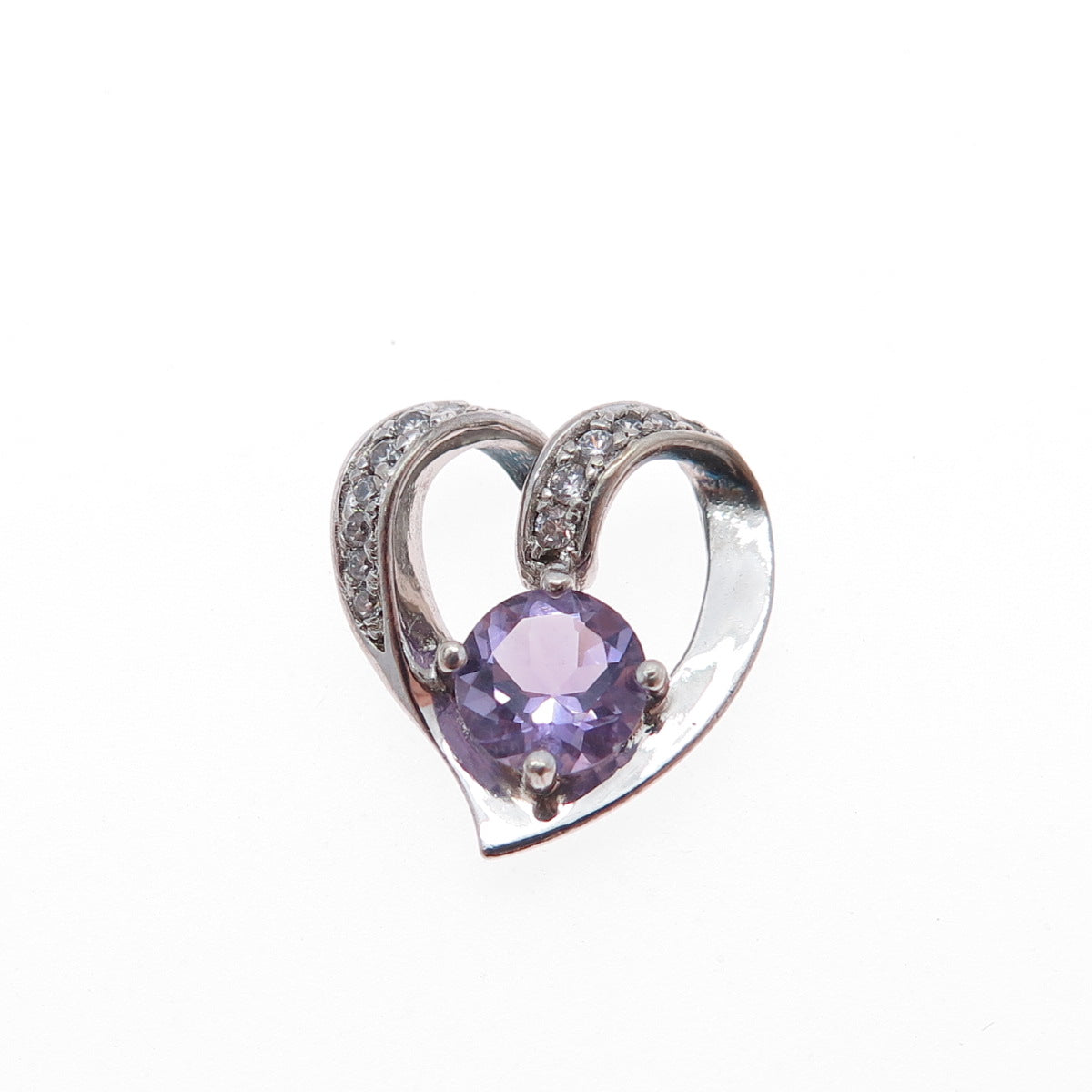 925 Sterling Silver Real Amethyst & C Z Heart Minimalist Charm Pendant