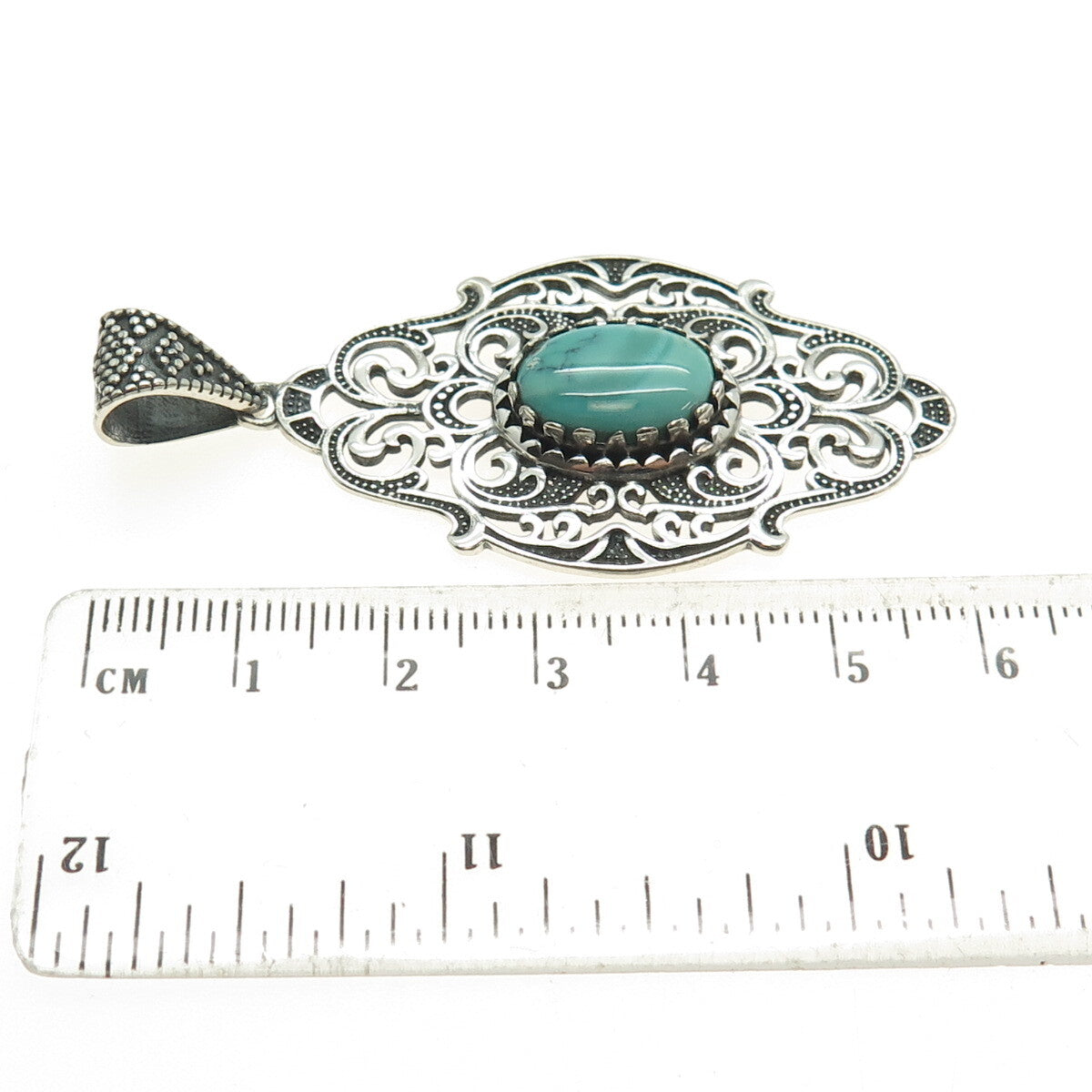 925 Sterling Silver Vintage Real Carico Lake Turquoise Swirl Oxidized Pendant
