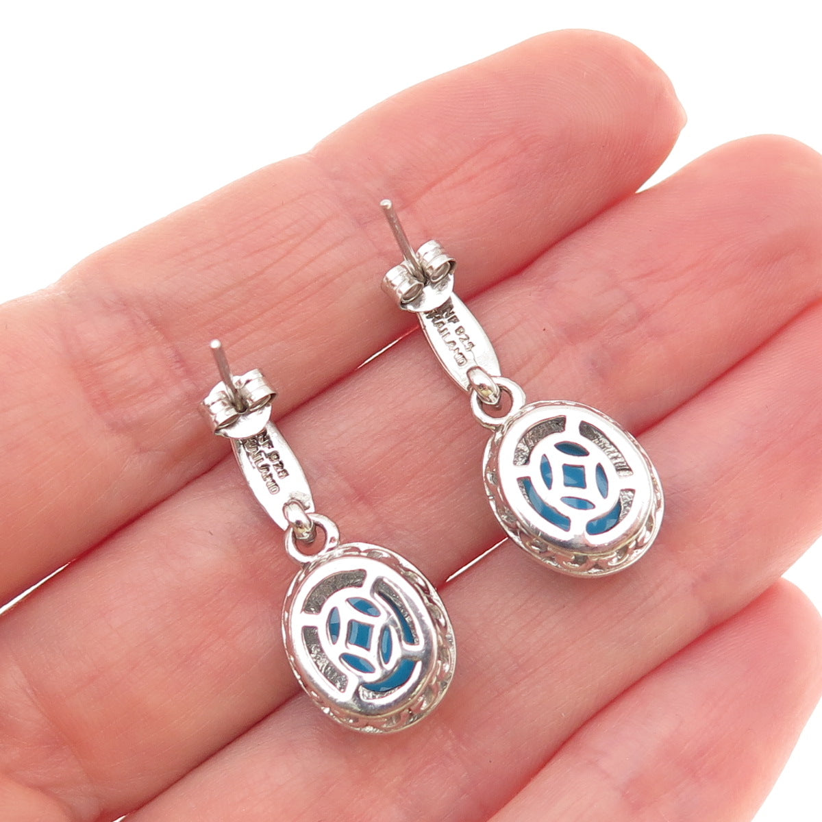 Chapal Zenray 925 Sterling 2-Tone Real Sleeping Beauty Turquoise Dangle Earrings