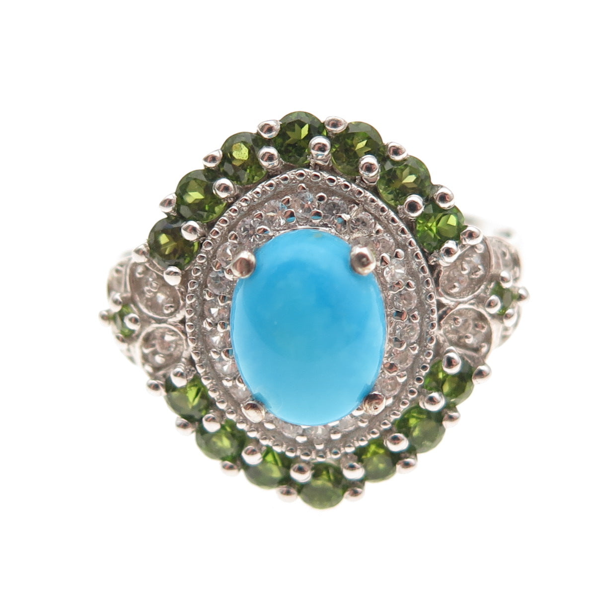 Chuck Clemency 925 Sterling Silver Real Turquoise Peridot & Topaz Ring Size 8.25