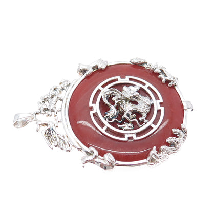 ROSS SIMONS 925 Sterling Silver Vintage Real Red Jade Royal Dragon Pendant